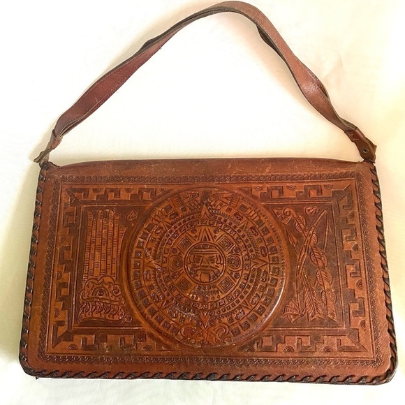 VINTAGE 1950s Hand Tooled Leather Satchel Purse Bag Mexico - Picture 3 of 16